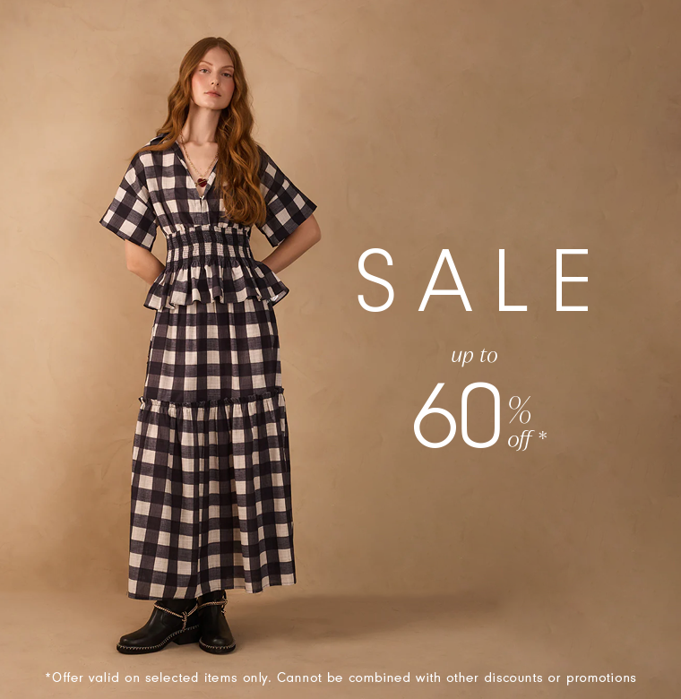 Dress To sale banner featuring a model in a navy and white check dress with text Sale up to 60% off on a dark background