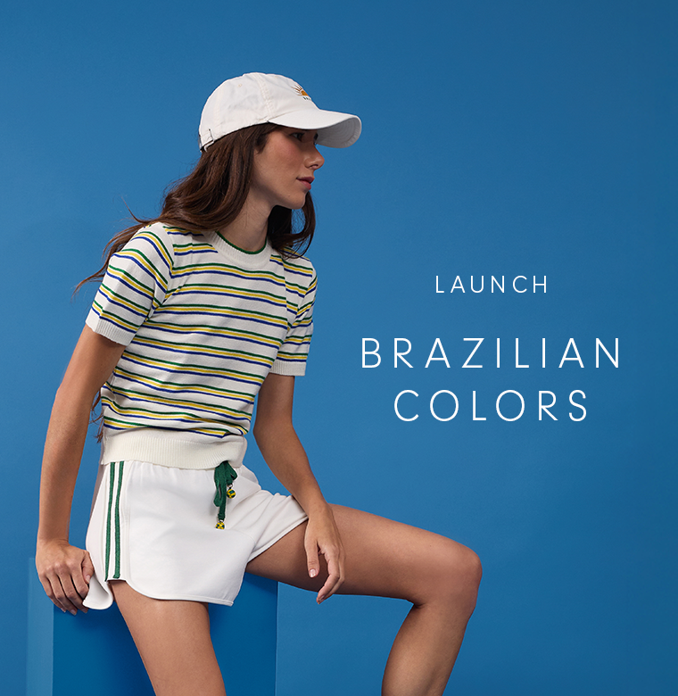 Brazilian Colors launch banner featuring a woman in a white cap, a green, blue and yellow striped knit top, and white shorts with green stripes, posing against a blue background.