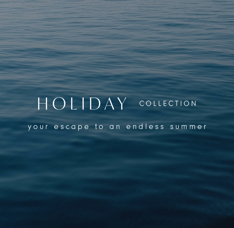 Mobile promotional banner with text overlaying a dark blue image of rippling water. The text reads: 'HOLIDAY COLLECTION, your escape to an endless summer.