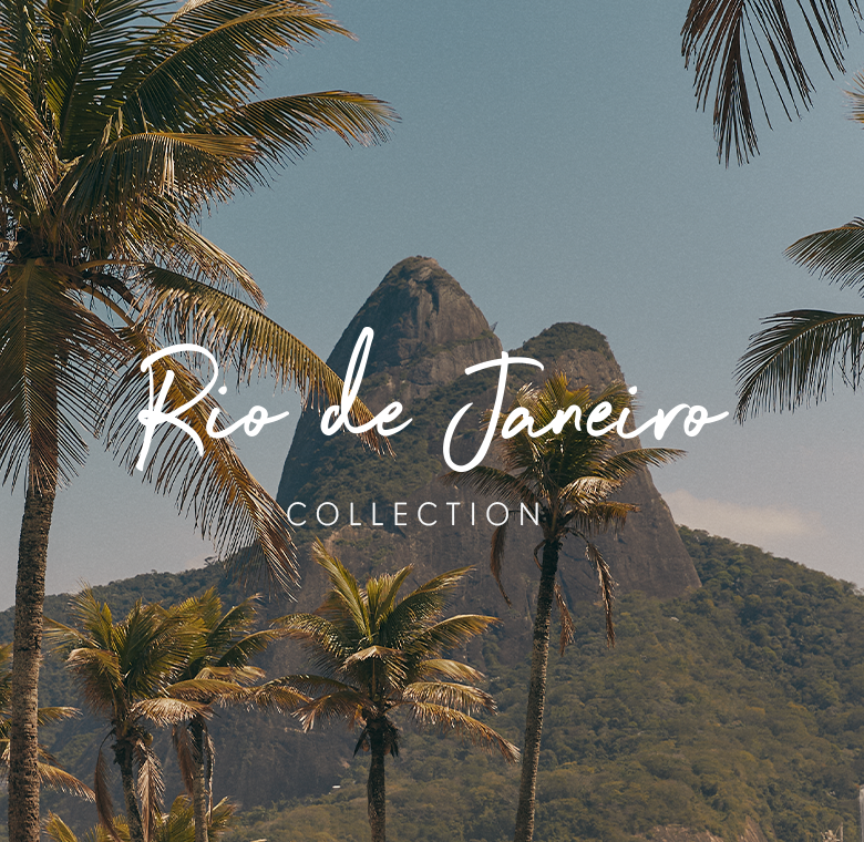 A graphic of Corcovado mountain in Rio de Janeiro, framed by palm trees, with white text overlay reading "Rio de Janeiro" in script and "COLLECTION" underneath.