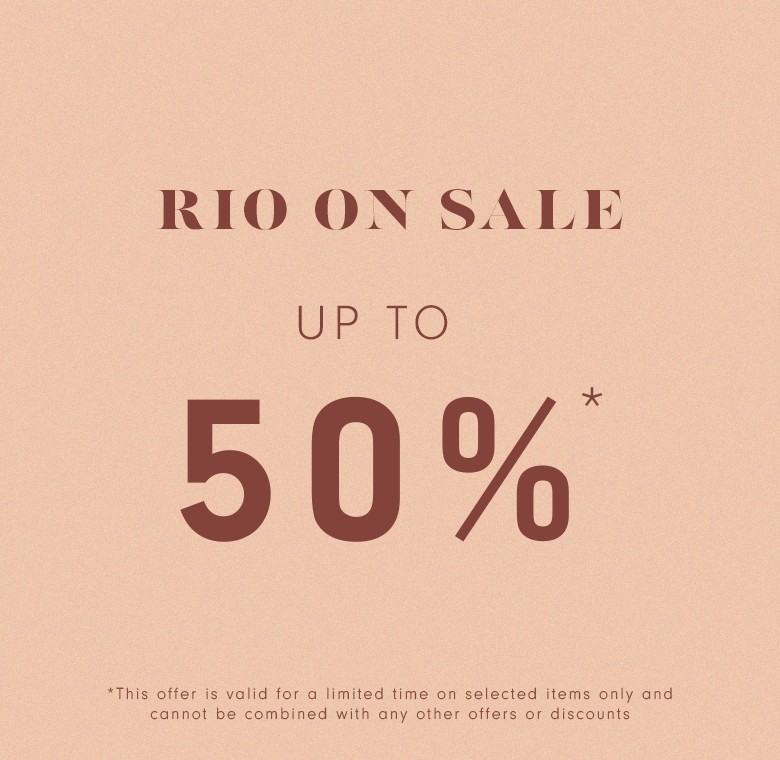 Peach-colored sale graphic with dark red text. It reads "RIO ON SALE," followed by "UP TO" and "40%." Below is fine print that says, "This offer is valid for a limited time on selected items only and cannot be combined with any other offers or discounts."