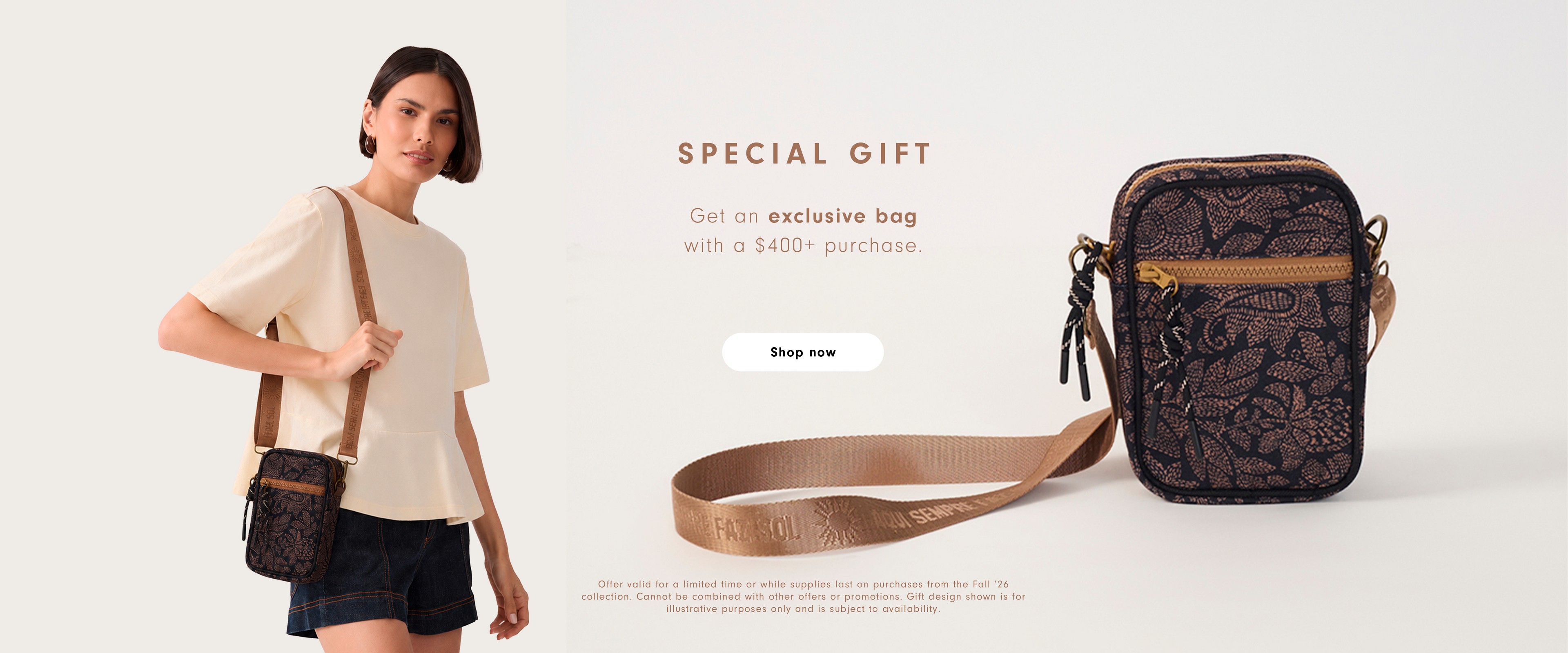 Desktop home banner: woman in a cream blouse and denim shorts wearing a floral crossbody bag beside a close-up of the same bag, Special Gift offer - exclusive bag with purchases over $400