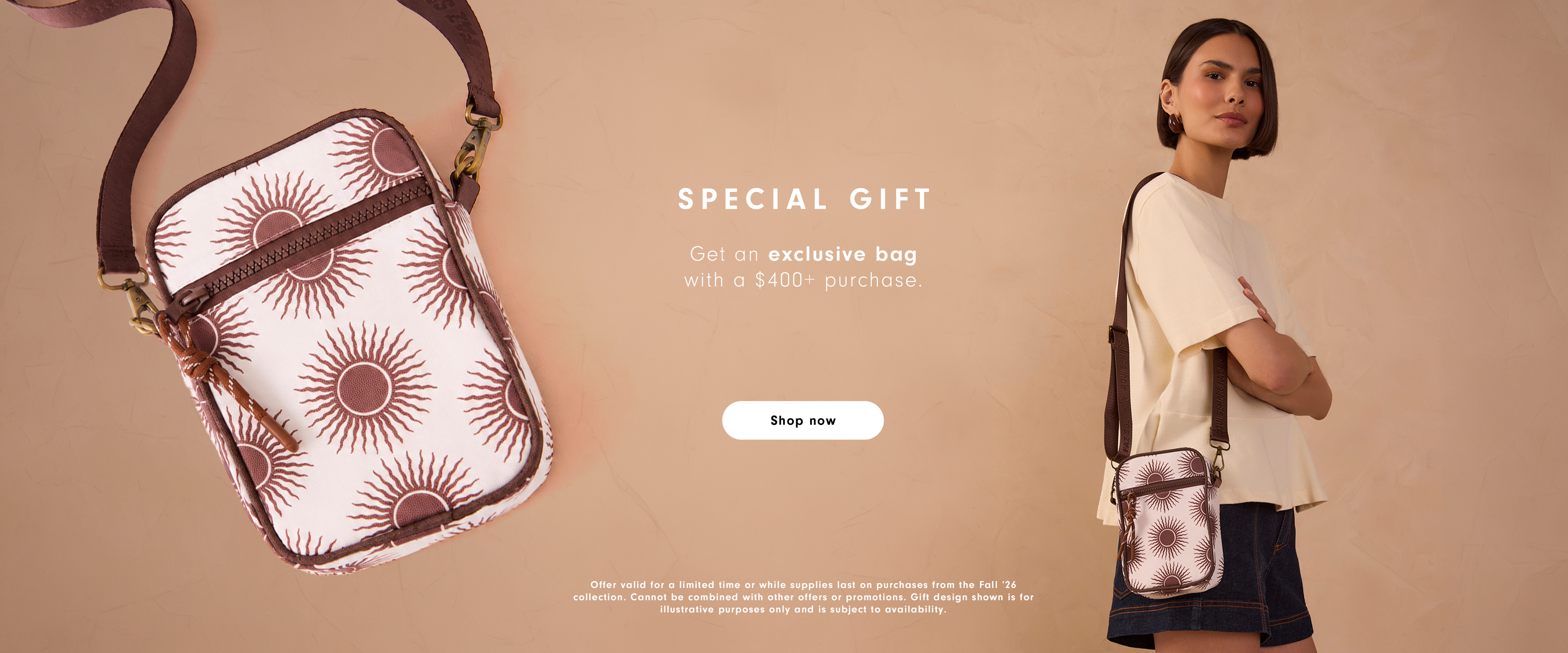 Special gift desktop banner: sun-print crossbody bag and a woman in a cream top and denim skirt, offering an exclusive bag with purchases over $400, with a Shop now button
