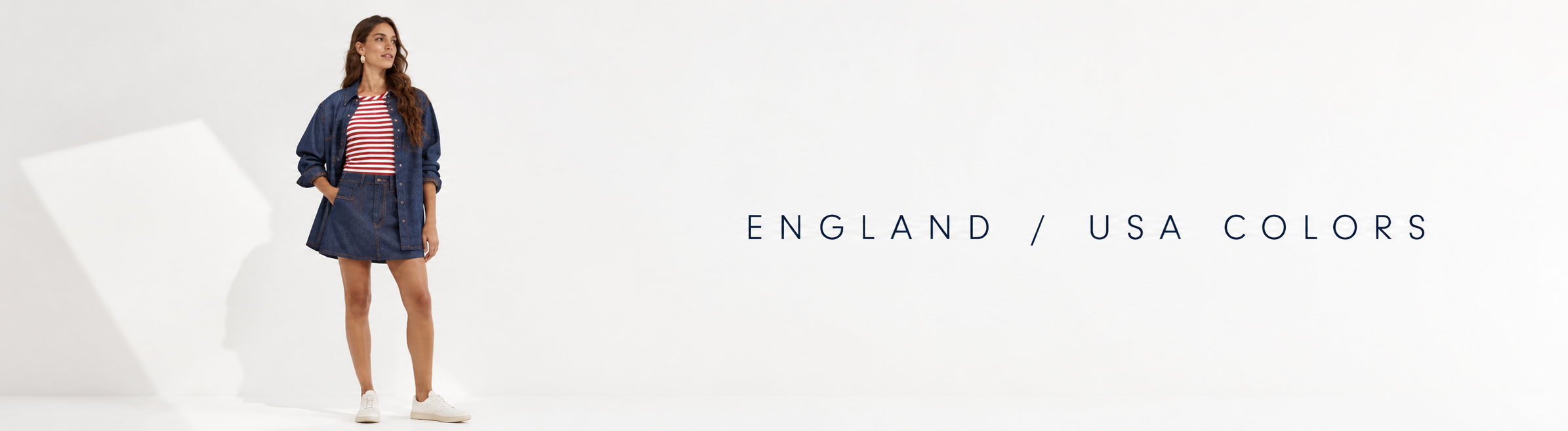Woman in a red and white striped top, denim jacket and denim skirt against a white background; banner reading England / USA colors