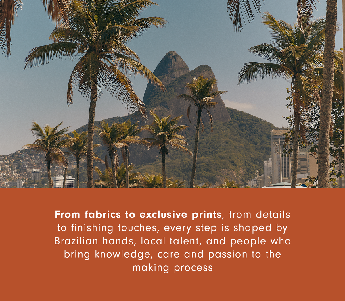 Palm trees and Dois Irmãos mountain in Rio de Janeiro with text about clothes made by Brazilian hands