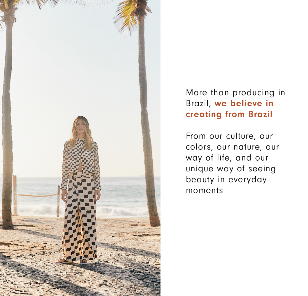 Woman in a black and white checkered shirt and pants set on a beach with palm trees and text: we believe in creating from Brazil