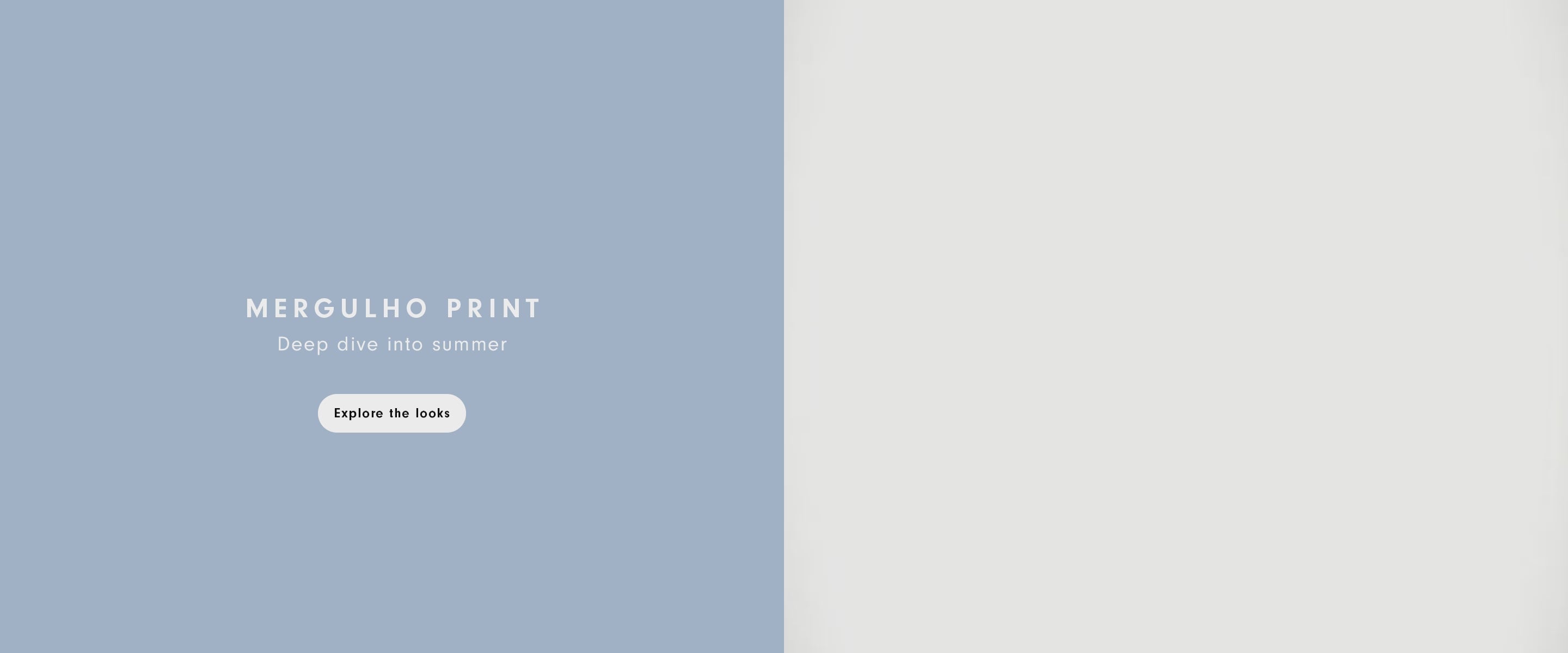 Vídeo banner secundário desktop da campanha "Mergulho Print - Deep dive into summer" com botão "Explore the looks".